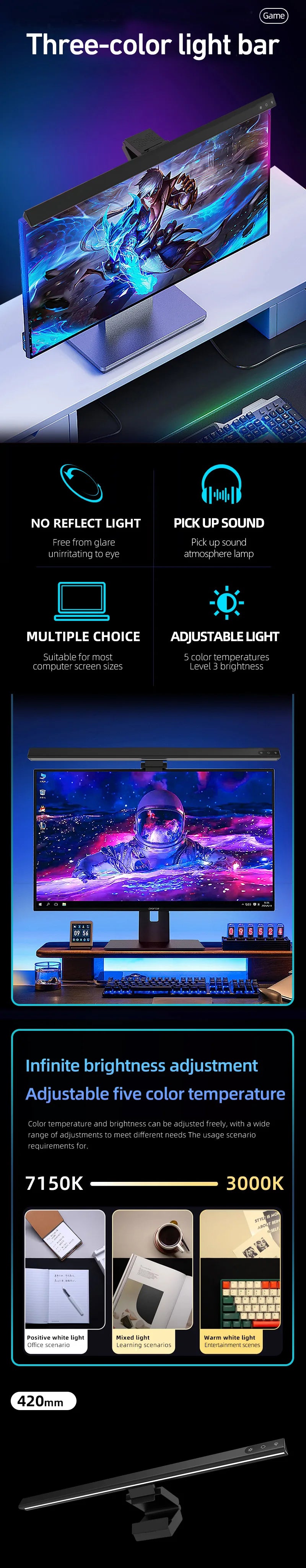 Computer Monitor Light Bar RGB Music Rhythm Screen Hanging Lights Dimming Desk Lamp Reading Gaming Table Lighting