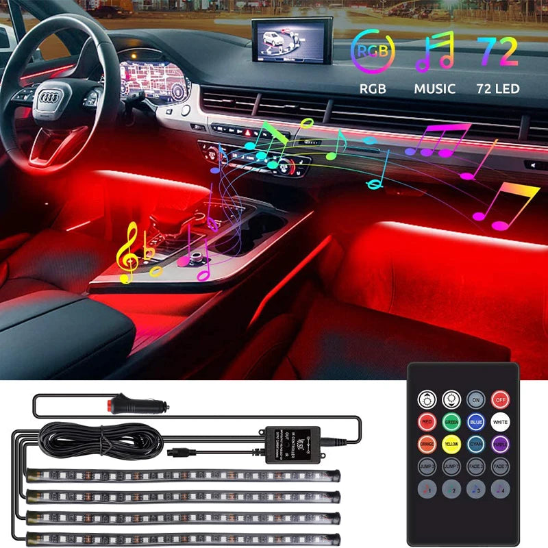 72/48/36 LED RGB Car Foot Ambient Light with USB Cigarette Automotive Interior Lights Strip Decoration Bar Remote/Voice Control