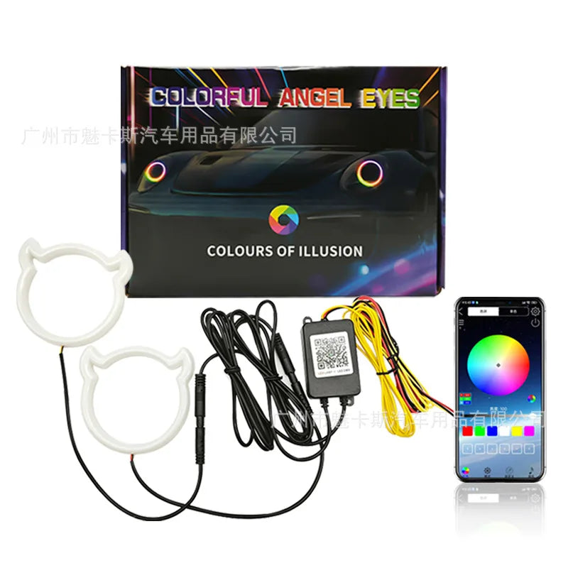 Car modification, color changing LED angel eyes, APP control, color changing daytime running lights, large light circle, univers