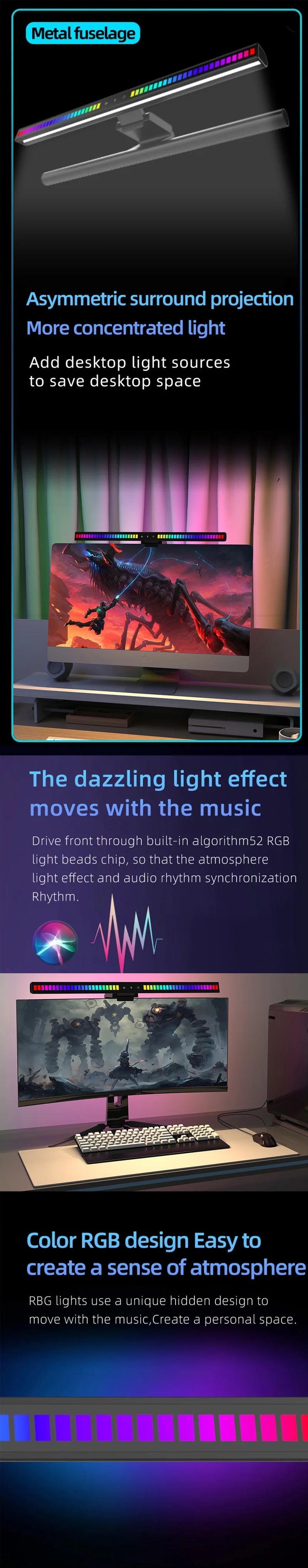 Computer Monitor Light Bar RGB Music Rhythm Screen Hanging Lights Dimming Desk Lamp Reading Gaming Table Lighting