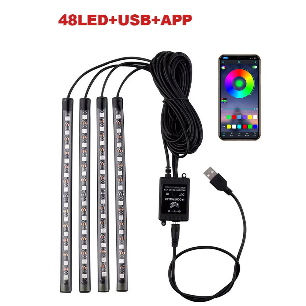 72/48/36 LED RGB Car Foot Ambient Light with USB Cigarette Automotive Interior Lights Strip Decoration Bar Remote/Voice Control