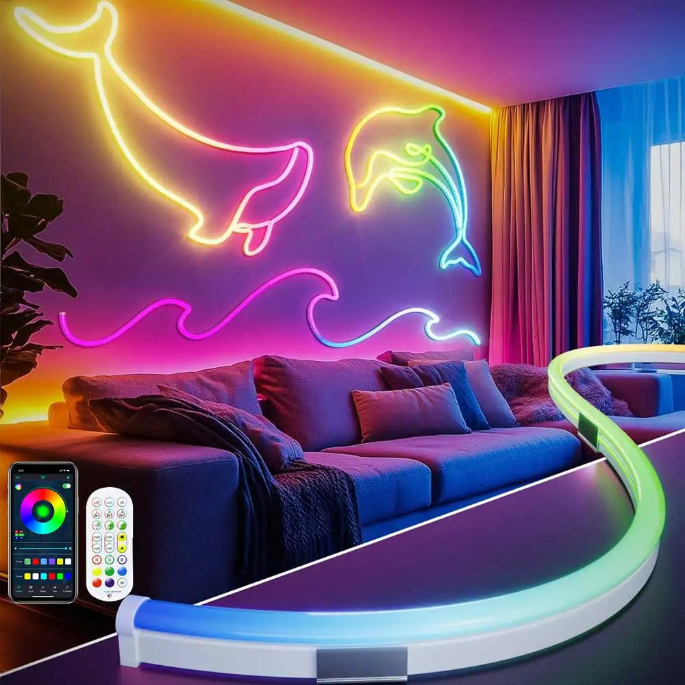 RGBIC Neon Led Strip 1M 2M 3M 5M 10M 12V Waterproof RGB IC Full Color Led Neon light Music Sync Bars Gaming Room Decor