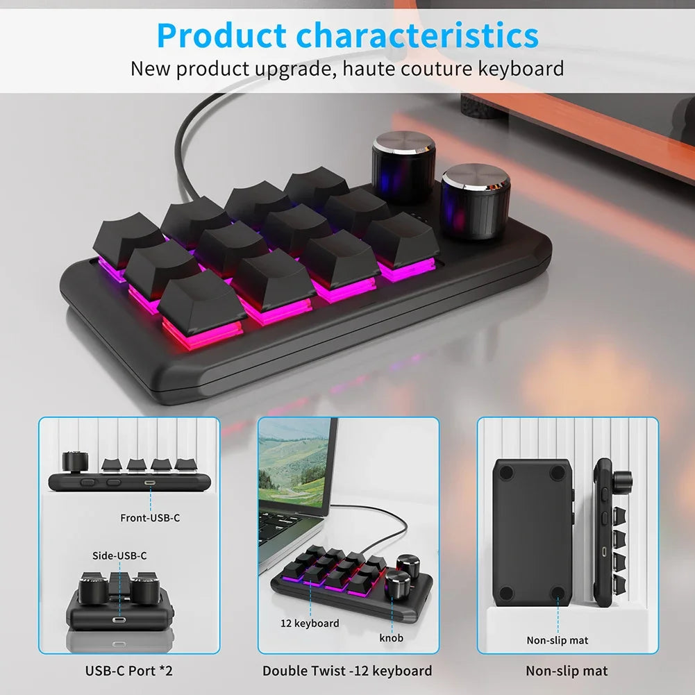 Programming Macro Custom Knob Keyboard RGB 12 Key Copy Paste Mini Button Photoshop Gaming Keypad Mechanical Hotswap Macropad