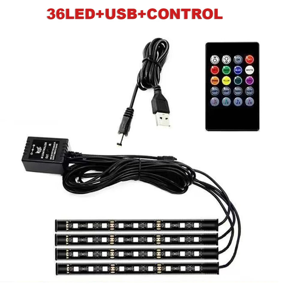 72/48/36 LED RGB Car Foot Ambient Light with USB Cigarette Automotive Interior Lights Strip Decoration Bar Remote/Voice Control