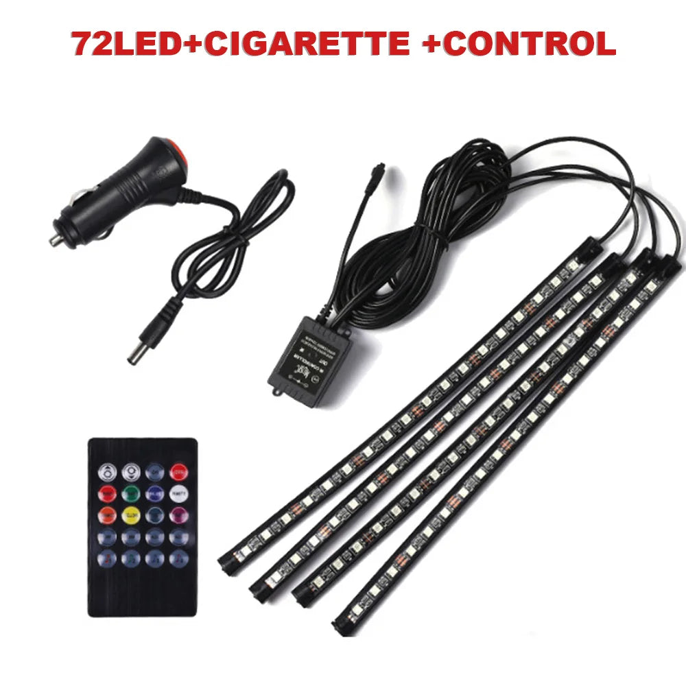 72/48/36 LED RGB Car Foot Ambient Light with USB Cigarette Automotive Interior Lights Strip Decoration Bar Remote/Voice Control