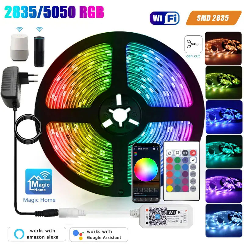 Led Strip Light 12V 5050 2835 Rgb Self-Adhesive Smart Wifi Ribbon 5M 10M 15M 20M 25M 30M Waterproof Outdoor Room Christmas Light