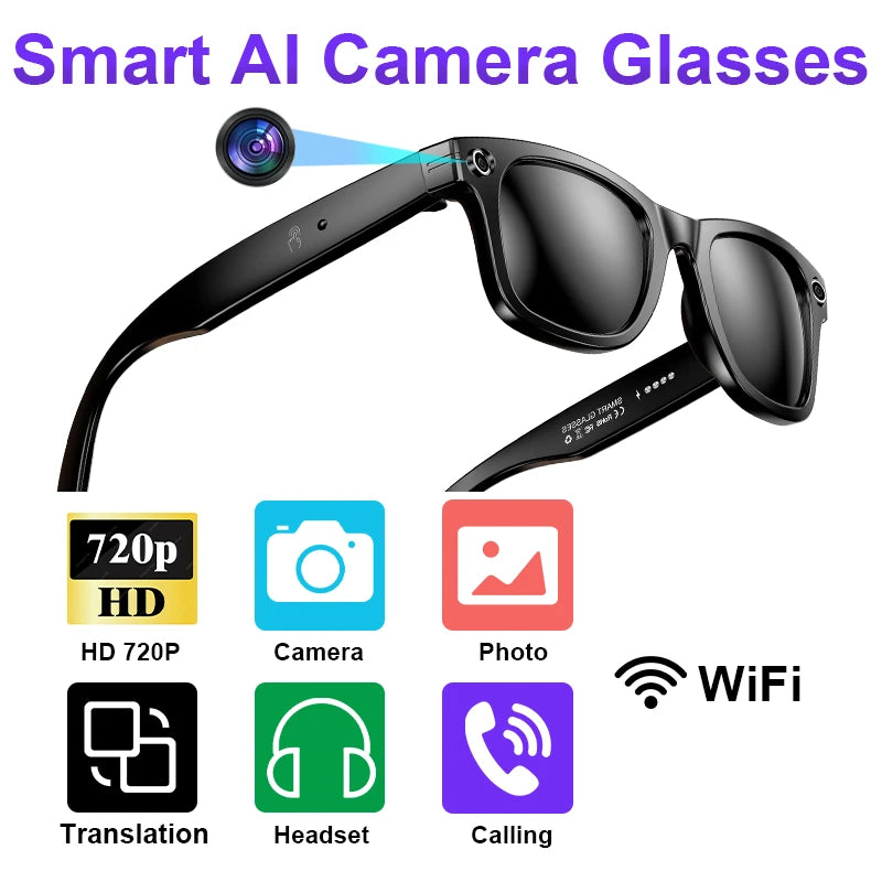 AI Smart Glasses with HD Camera for Photos Videos Hands-Free Vlog Recording Camera Glasses Audio for Driving Outdoor Sunglasses