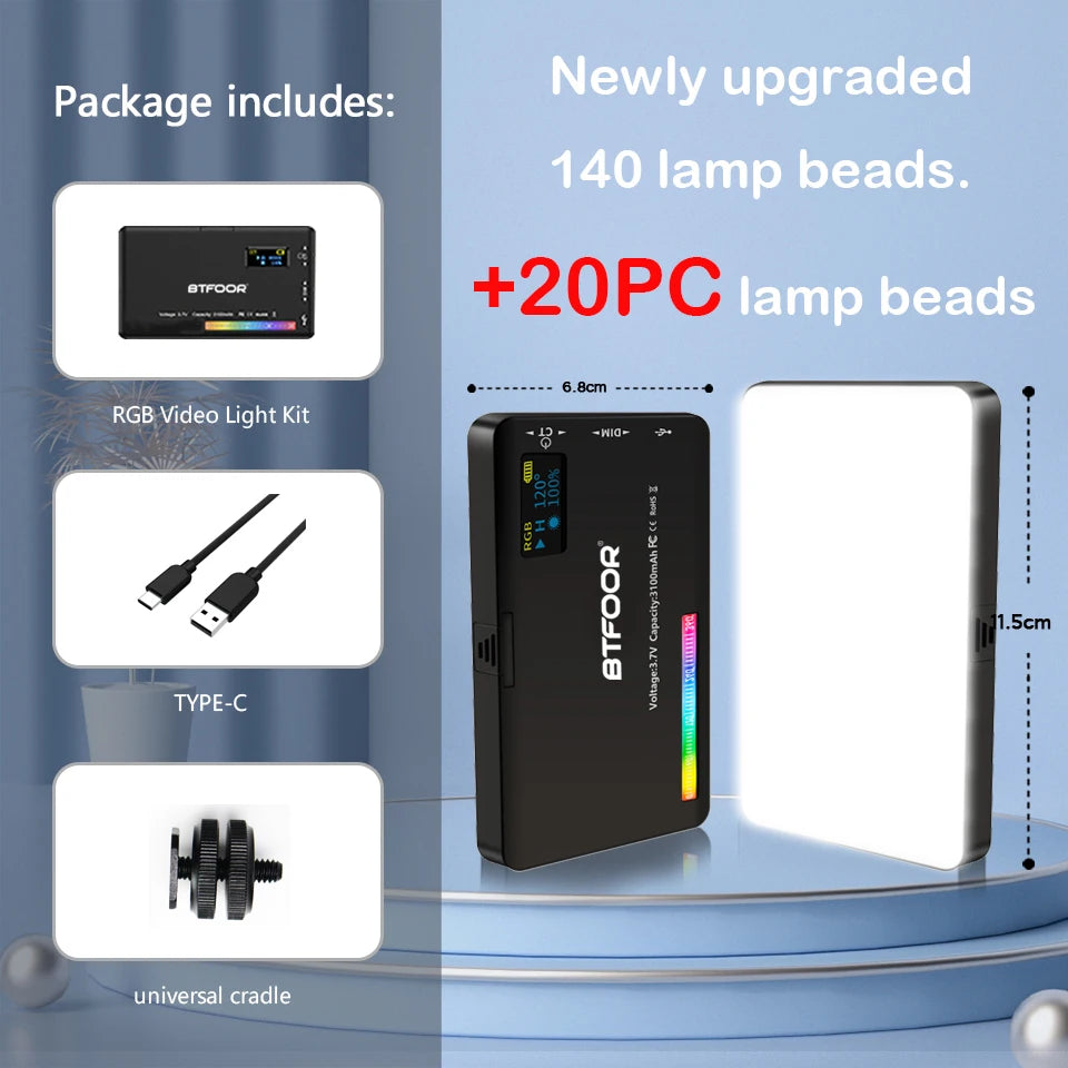 LED RGB Camera Light Full Color Output Video Light Kit Dimmable 2500K-9000K Bi-Color Panel Light CRI 95+ Rechargeable 3300mAh