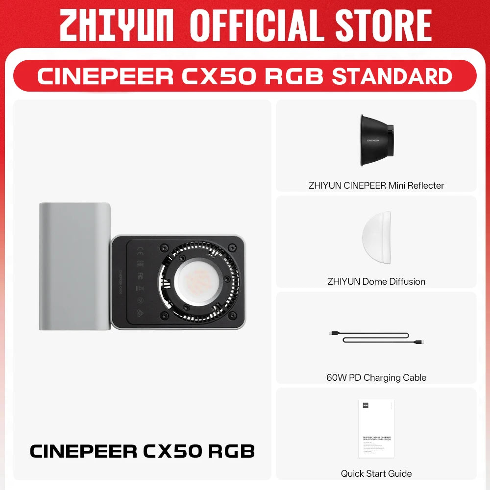 ZHIYUN Official CINEPEER CX50 50W RGB Video Light Full Color 2700K-6500K Portable Camera Light App Control for Photo Studio