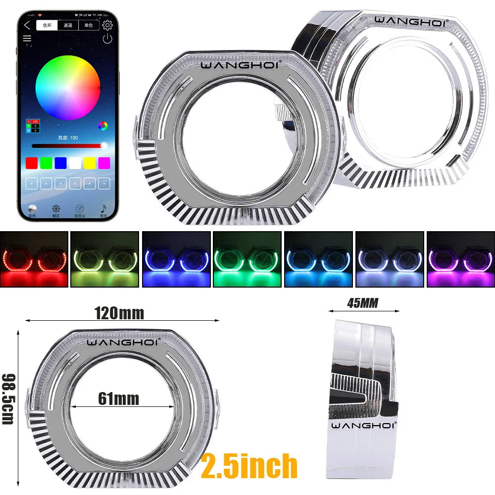 2.5" 3.0 Inch RGB LED Angel Eyes Shrouds with Flow Turn Signal for Xenon LED Projector Lens DRL Car RGB Halo Rings APP Control