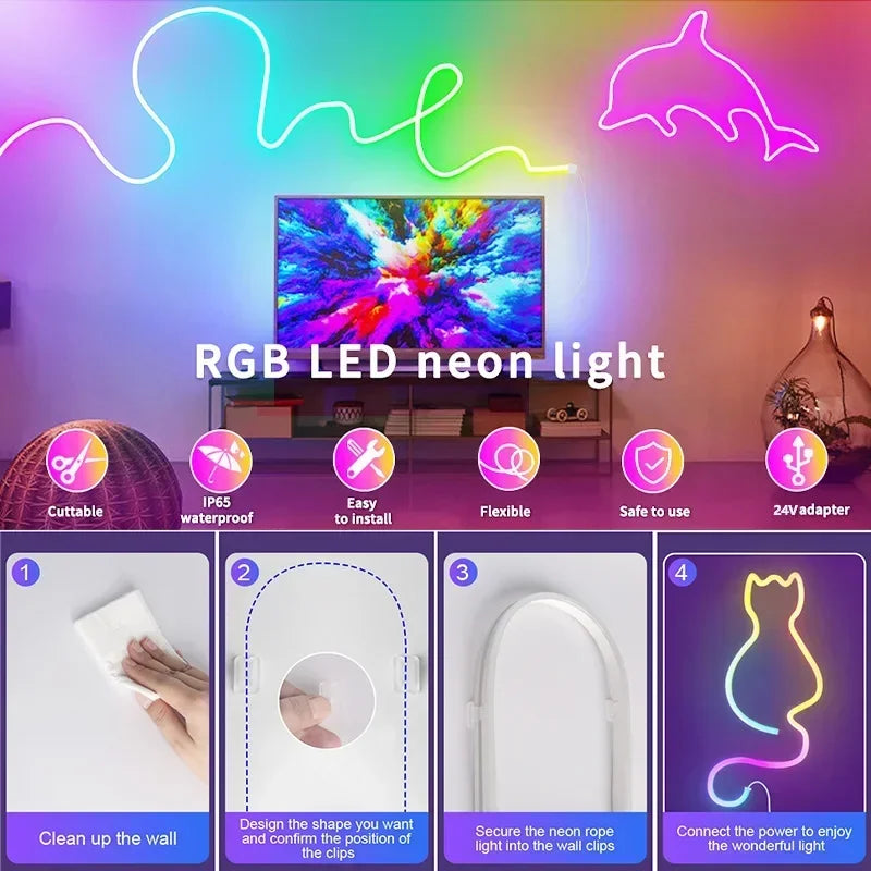 Neon Led Lights Strip 24V Rgb Neon Flexible Tape Control With Bluetooth App15M 10 M 20M 30 Meters Children'S Room Led Wall Light