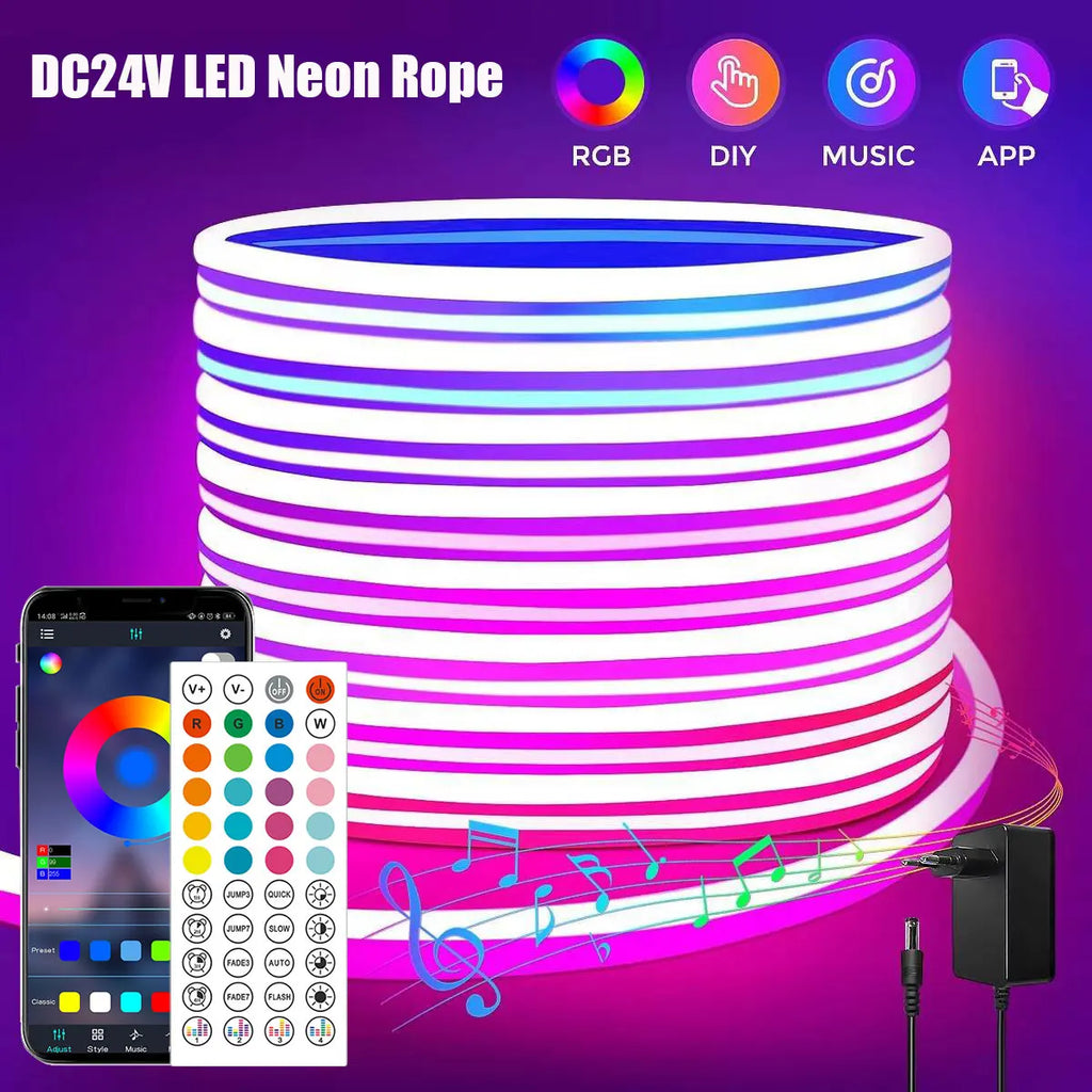 Neon Led Lights Strip 24V Rgb Neon Flexible Tape Control With Bluetooth App15M 10 M 20M 30 Meters Children'S Room Led Wall Light