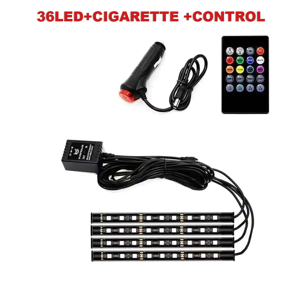 72/48/36 LED RGB Car Foot Ambient Light with USB Cigarette Automotive Interior Lights Strip Decoration Bar Remote/Voice Control