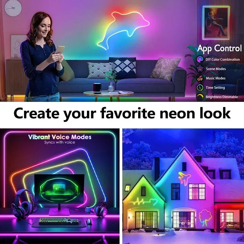 Neon Led Lights Strip 24V Rgb Neon Flexible Tape Control With Bluetooth App15M 10 M 20M 30 Meters Children'S Room Led Wall Light