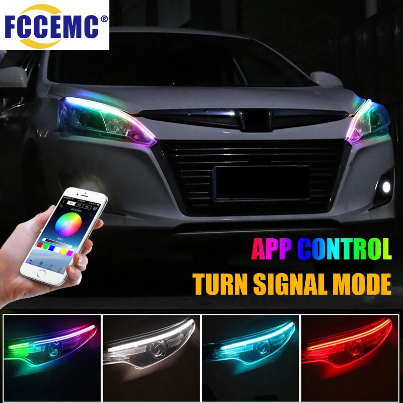 2Pcs RGB Daytime Running Light App Control DRL 12v Universal Flexible Flowing LED Strip With Turn Signal Lights For Headlight