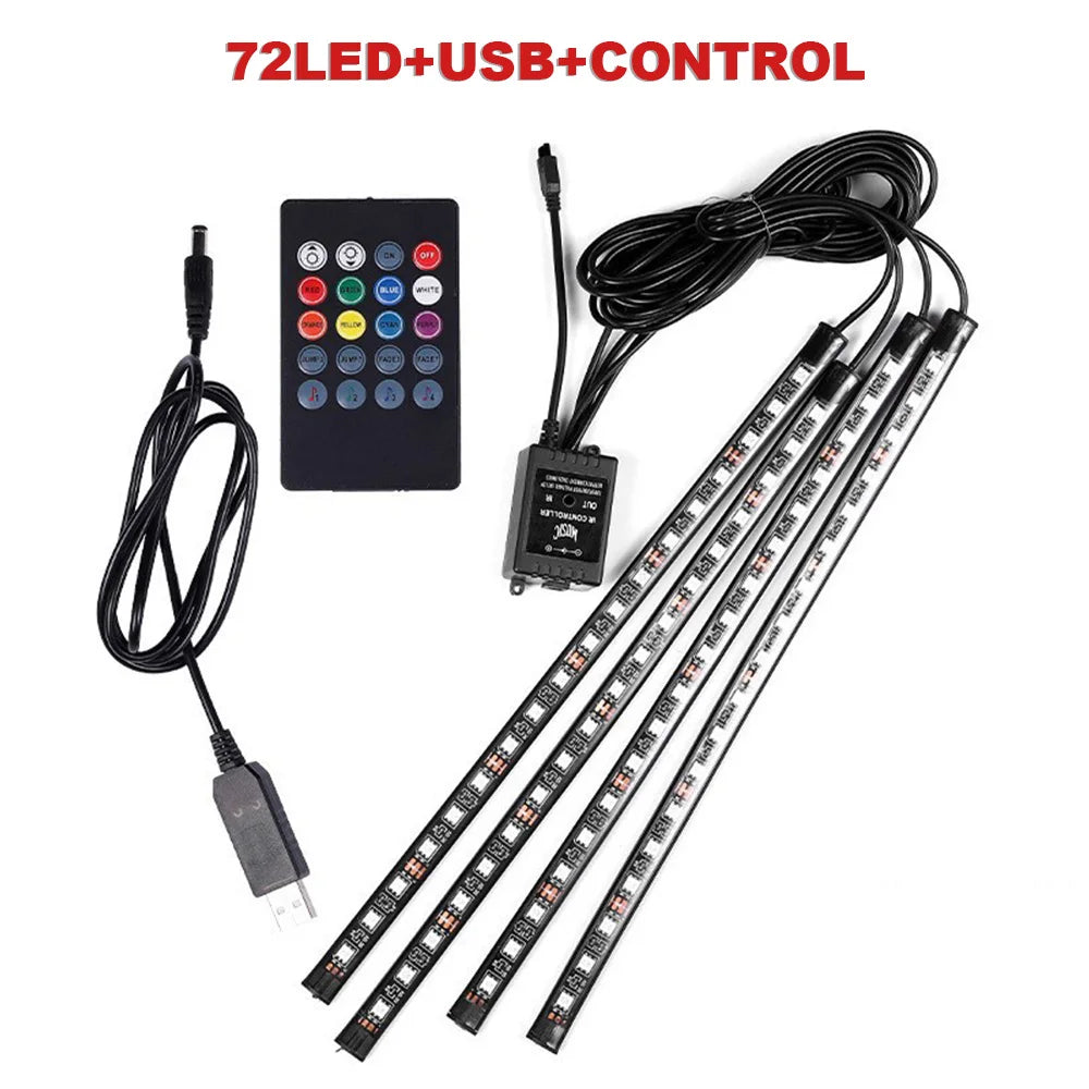 72/48/36 LED RGB Car Foot Ambient Light with USB Cigarette Automotive Interior Lights Strip Decoration Bar Remote/Voice Control