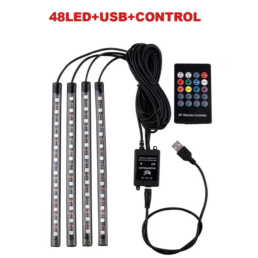 72/48/36 LED RGB Car Foot Ambient Light with USB Cigarette Automotive Interior Lights Strip Decoration Bar Remote/Voice Control