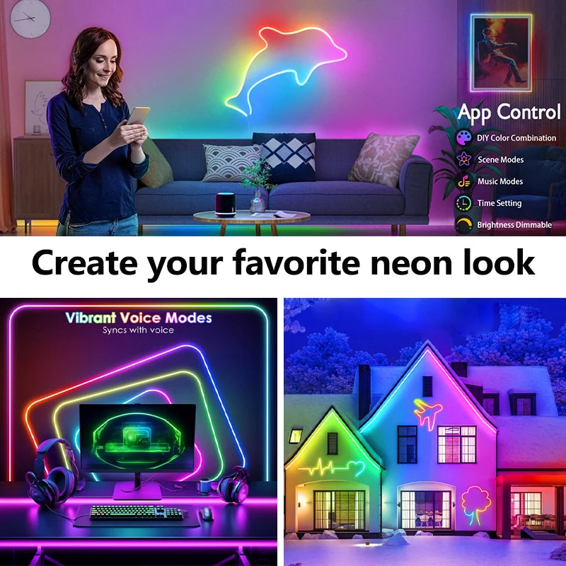 24V RGB 5m 10m 20m 30m LED Neon Strip Light Bluetooth APP 24key 44key Remote Control Music Sync Power Kit 60LED Waterproof Decor