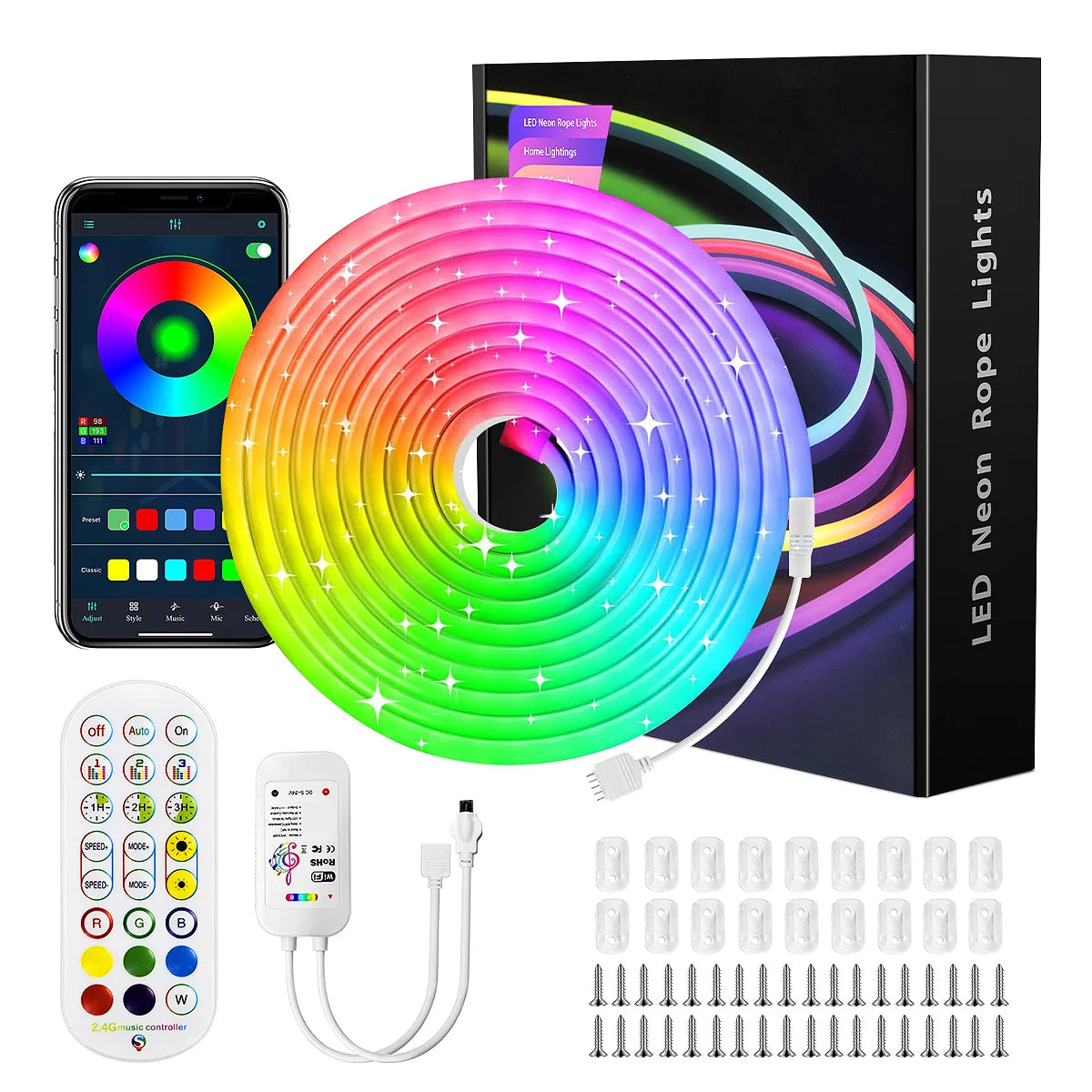 LED Flexible Neon Rope Lights, DIY Function, 108leds/M, IP65 Waterproof Outdoor RGB Strip Lamp with App/Remote Control for Bedr