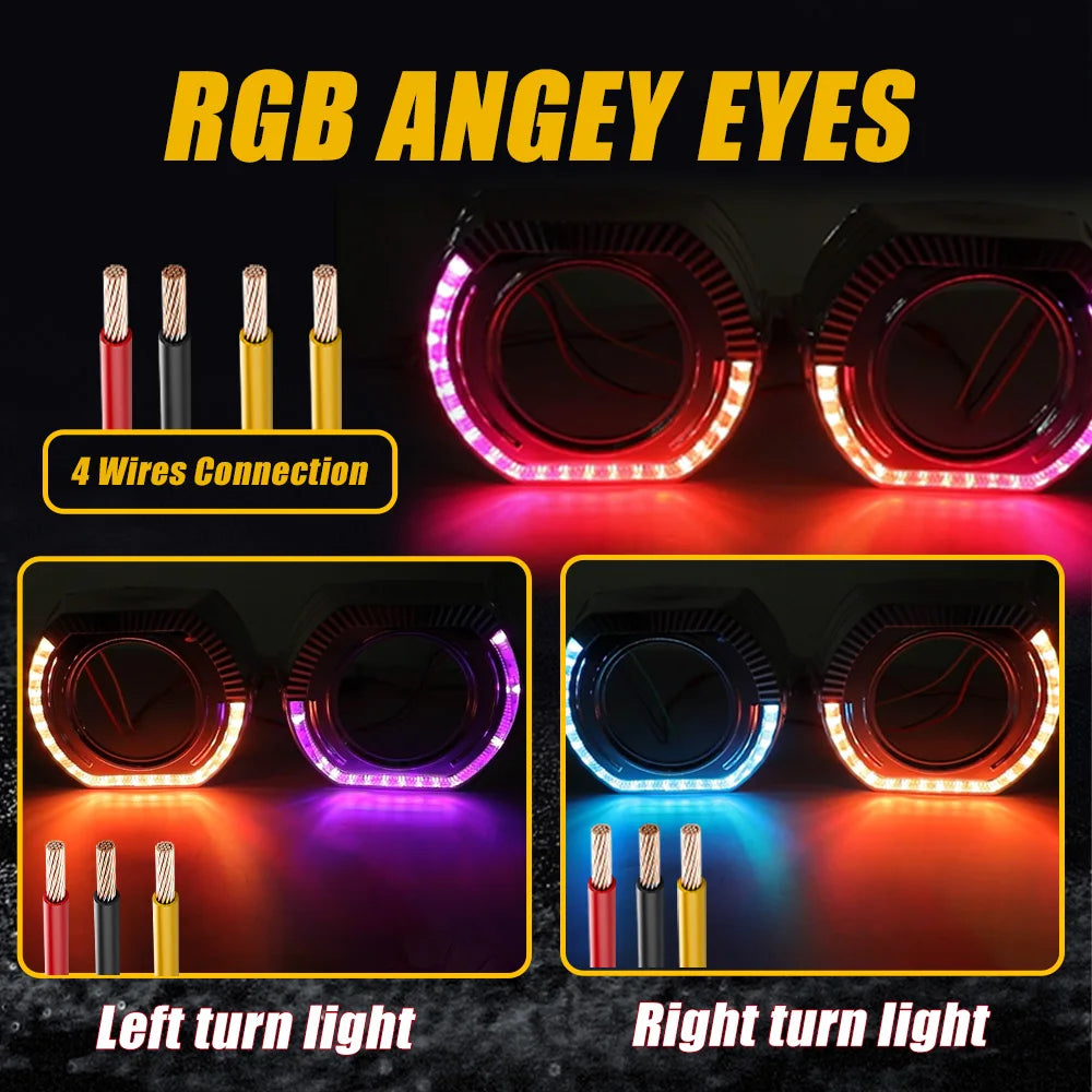 2.5" 3.0 Inch RGB LED Angel Eyes Shrouds with Flow Turn Signal for Xenon LED Projector Lens DRL Car RGB Halo Rings APP Control