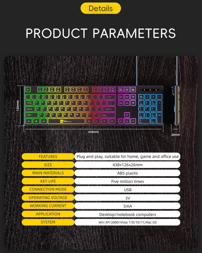 Gaming Keyboard Wired RGB Backlit Keyboard USB Backlight 104 Keys Ergonomic Gamer Keyboard for PC Laptop English