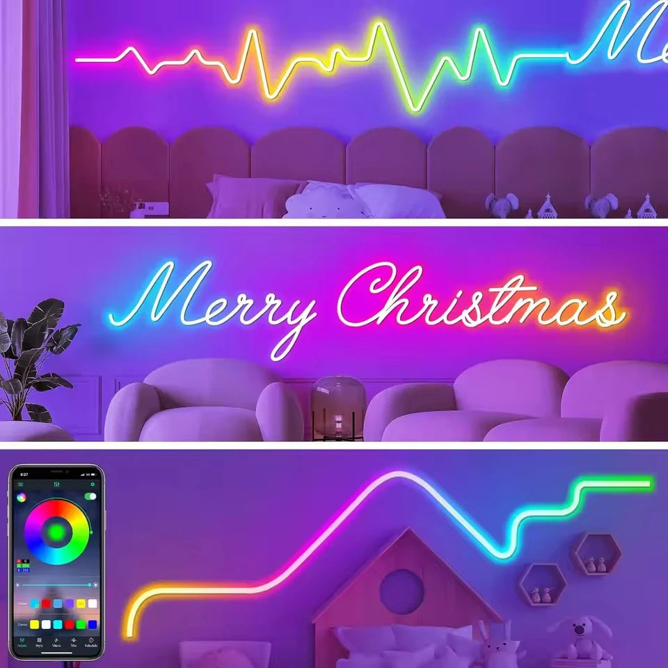 Neon LED Strip Lights Silicone Flexible Neon Rope Light with Music Sync RGBIC Dreamcolor Chasing Strip Tape for Room Decoration