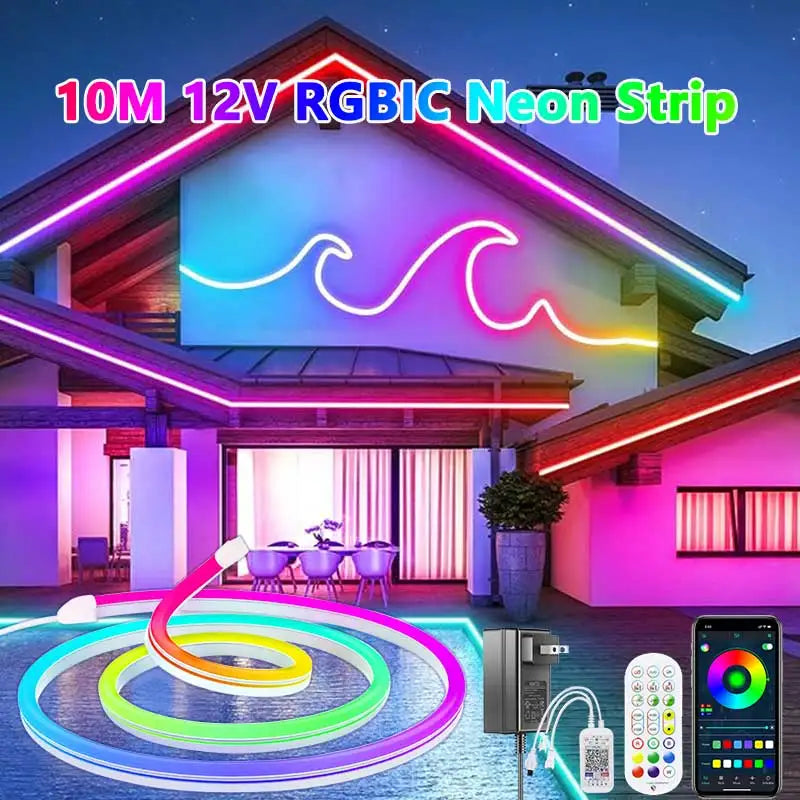 RGBIC Neon Led Strip 1M 2M 3M 5M 10M 12V Waterproof RGB IC Full Color Led Neon light Music Sync Bars Gaming Room Decor