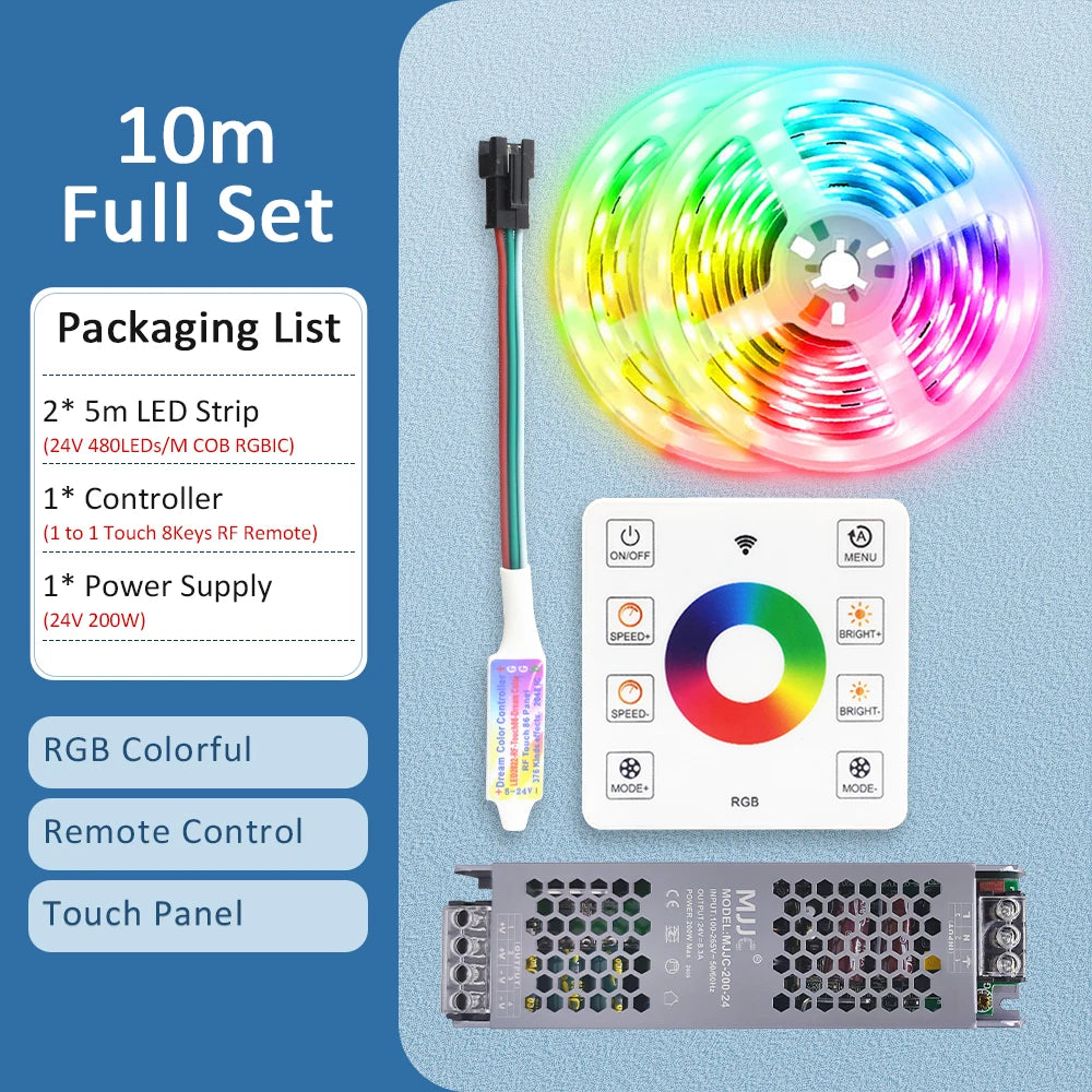 RGBIC COB LED Strip WS2811 24V 480 Diodes 5M 10M 15M 20M RGB IC Chasing Effect Lights Tape Diode Ribbon Lamp for Room Decoration