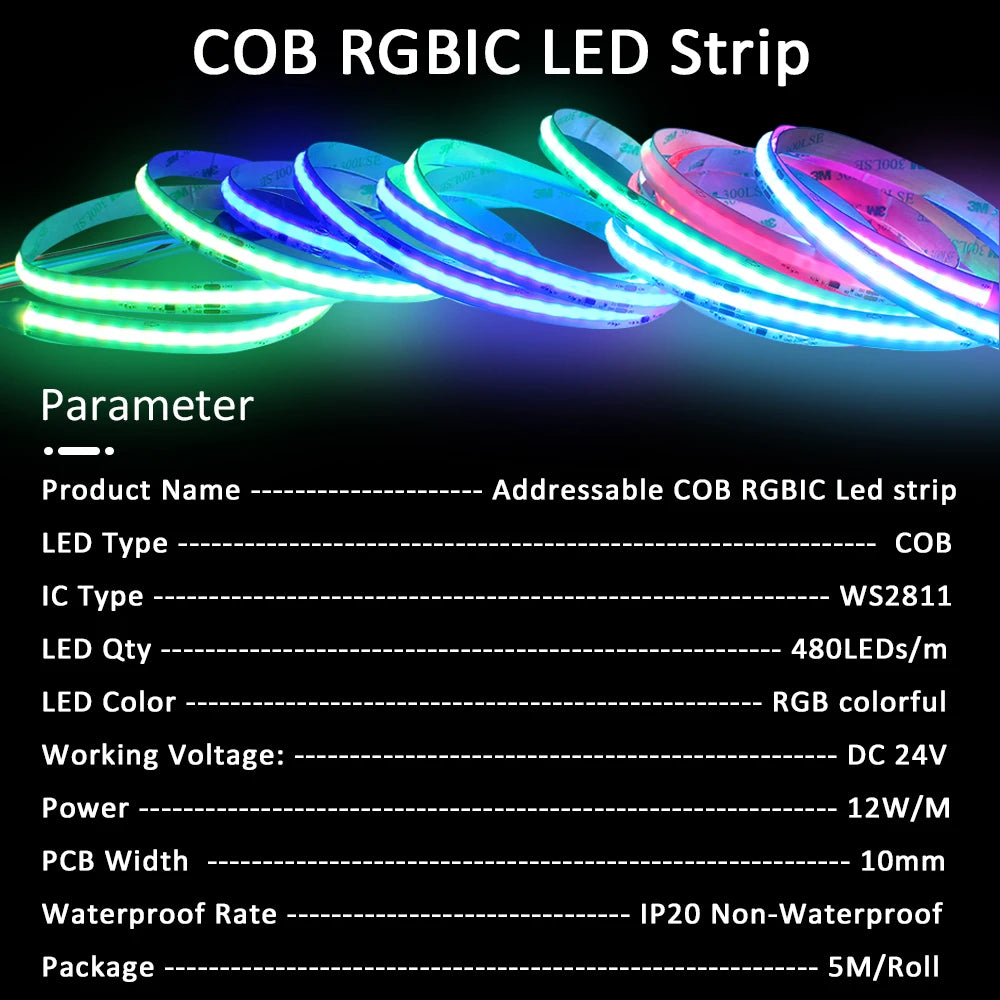 RGBIC COB LED Strip WS2811 24V 480 Diodes 5M 10M 15M 20M RGB IC Chasing Effect Lights Tape Diode Ribbon Lamp for Room Decoration