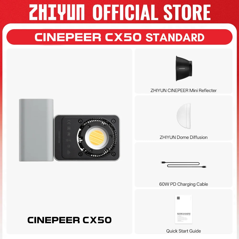 ZHIYUN Official CINEPEER CX50 50W RGB Video Light Full Color 2700K-6500K Portable Camera Light App Control for Photo Studio