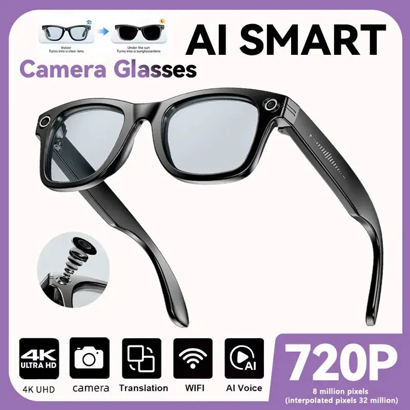 New Smart Glasses Men 8MP Camera WiFi Bluetooth Touch Control IP65 Waterproof AI Translation Noise Cancelling AI Glasses Women