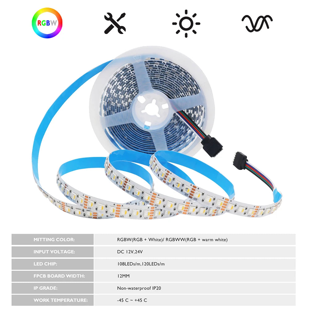 5m RGBW RGBWW Led Strip Light 4 Colors In 1 Chip 12V 24V 5050 120 60 108 LEDs Flexible Tape Ribbon RGB Warm White DC Home Decor