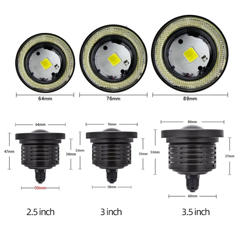 2Pcs 2.5"; 3"; 3.5"; Angel Eyes Fog Lamp 64MM 76MM 89MM 12V Universal Auto Car Projector COB LED Driving Light