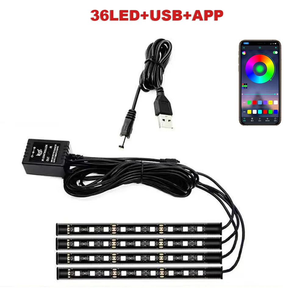 72/48/36 LED RGB Car Foot Ambient Light with USB Cigarette Automotive Interior Lights Strip Decoration Bar Remote/Voice Control