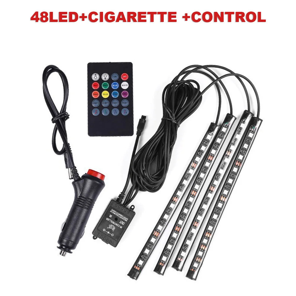 72/48/36 LED RGB Car Foot Ambient Light with USB Cigarette Automotive Interior Lights Strip Decoration Bar Remote/Voice Control