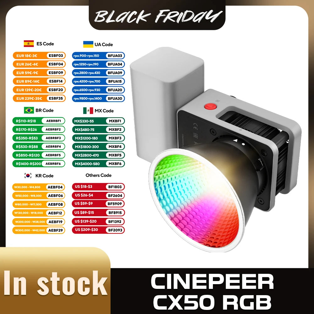 ZHIYUN Official CINEPEER CX50 50W RGB Video Light Full Color 2700K-6500K Portable Camera Light App Control for Photo Studio