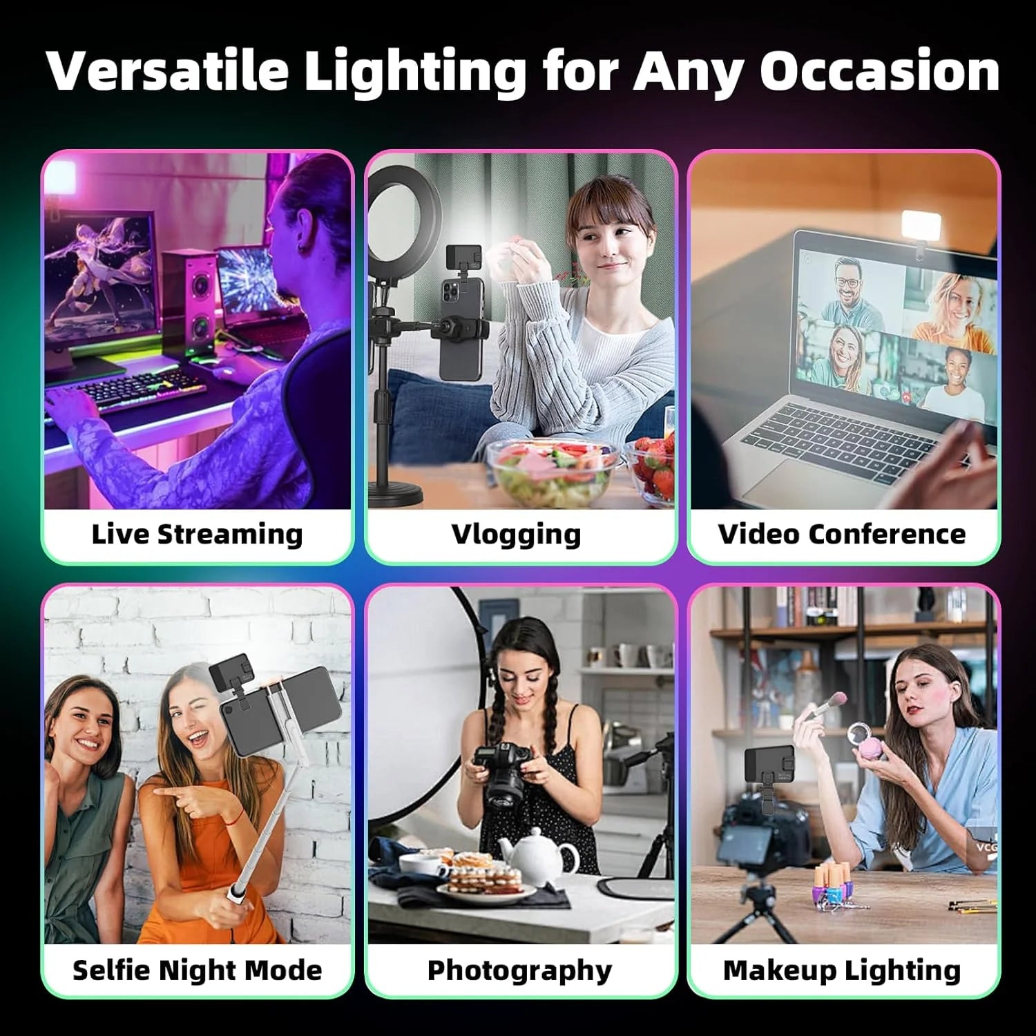 108 LED RGB Camera Light Full Color Output Video Light Kit Dimmable 2500K-9000K Bi-Color Panel Light CRI 95+ Rechargeable
