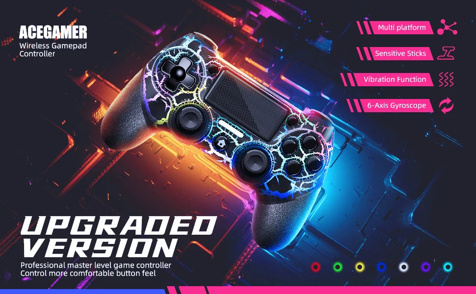 AceGamer RGB Wireless Controller for PS4 Black/White Crack Led with RGB Light,1000mAh Compatible with PS4/Slim/Pro/PC