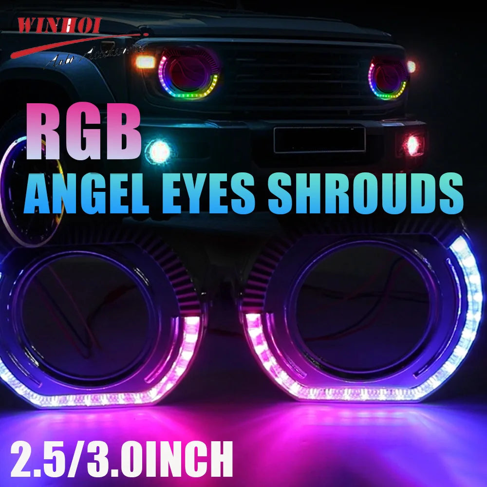 2.5" 3.0 Inch RGB LED Angel Eyes Shrouds with Flow Turn Signal for Xenon LED Projector Lens DRL Car RGB Halo Rings APP Control