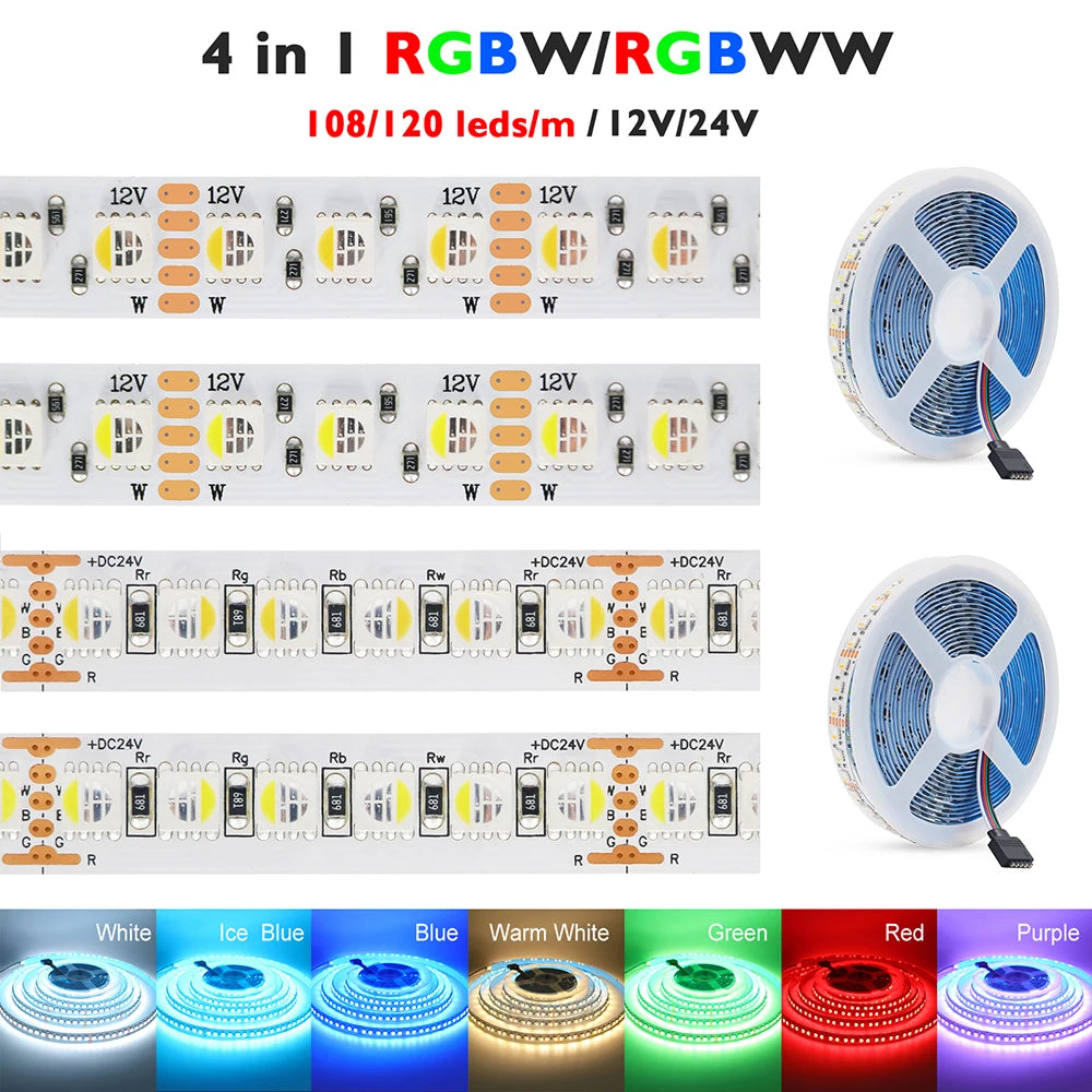 5m RGBW RGBWW Led Strip Light 4 Colors In 1 Chip 12V 24V 5050 120 60 108 LEDs Flexible Tape Ribbon RGB Warm White DC Home Decor