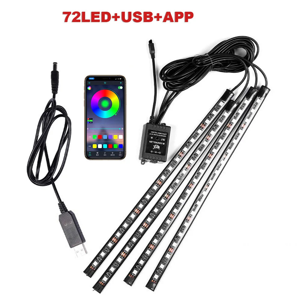 72/48/36 LED RGB Car Foot Ambient Light with USB Cigarette Automotive Interior Lights Strip Decoration Bar Remote/Voice Control