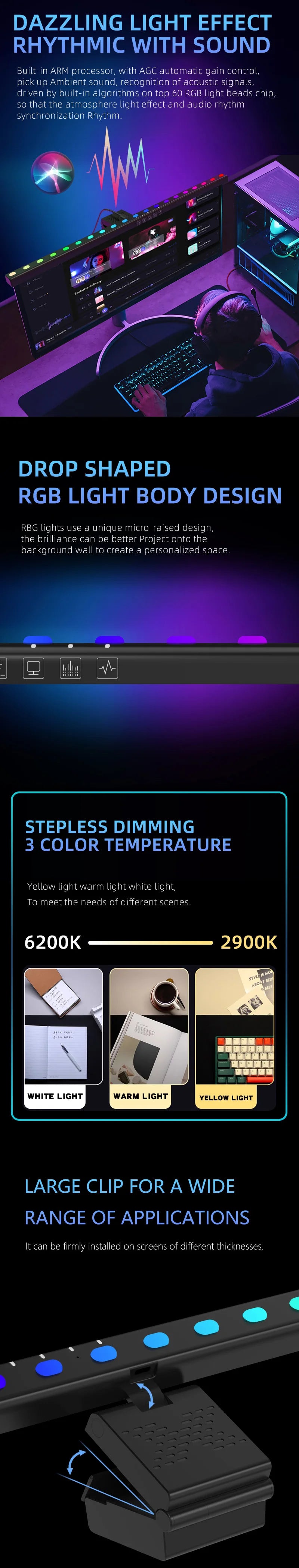 Computer Monitor Light Bar RGB Music Rhythm Screen Hanging Lights Dimming Desk Lamp Reading Gaming Table Lighting