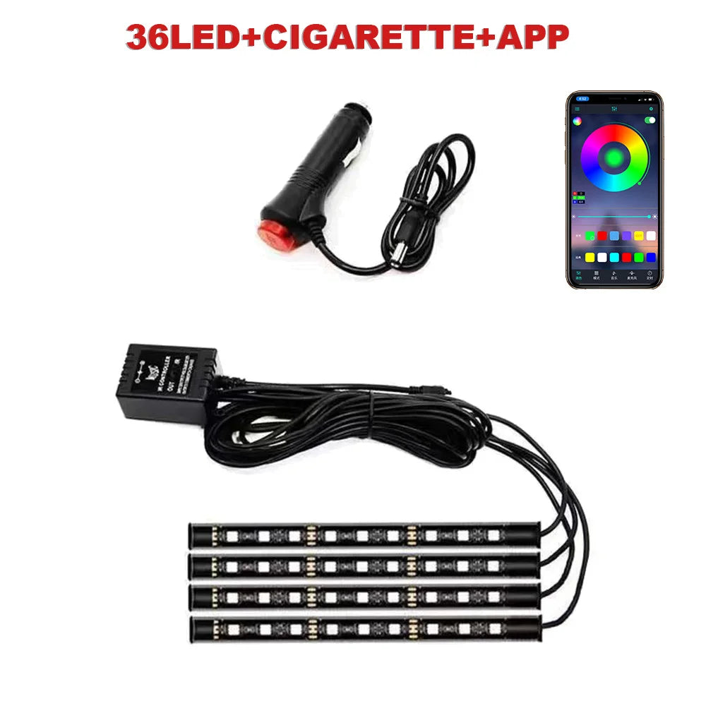 72/48/36 LED RGB Car Foot Ambient Light with USB Cigarette Automotive Interior Lights Strip Decoration Bar Remote/Voice Control
