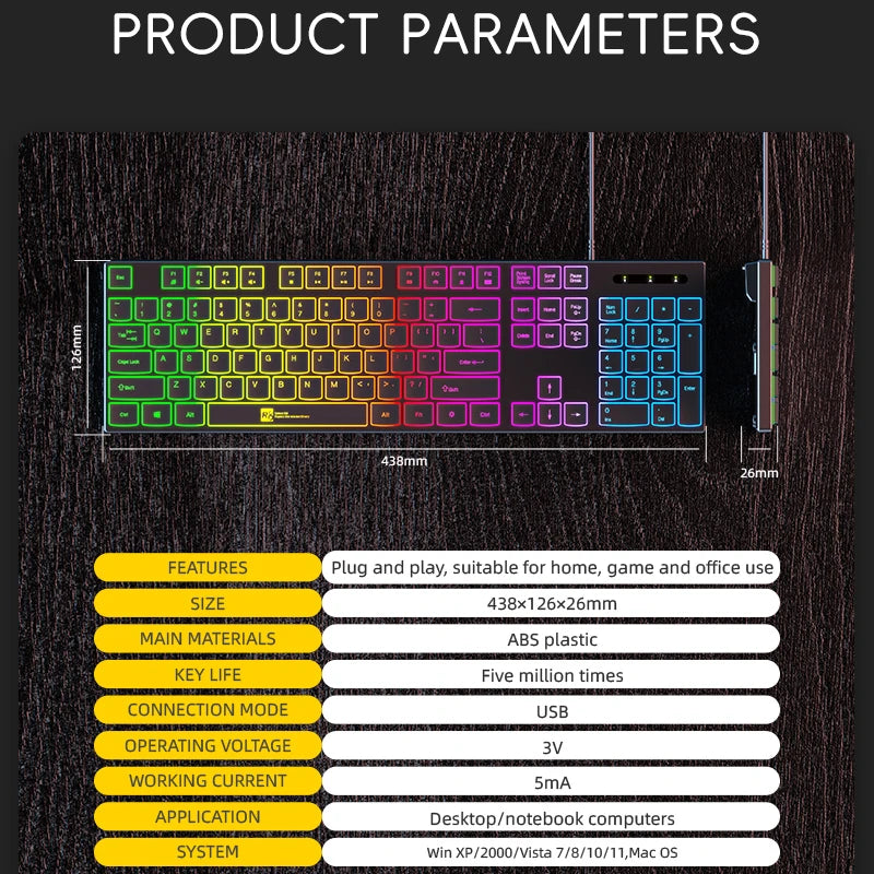 Gaming Keyboard Wired RGB Backlit Keyboard USB Backlight 104 Keys Ergonomic Gamer Keyboard for PC Laptop English
