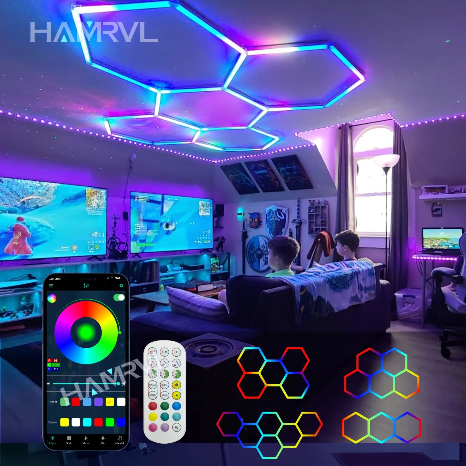 Hexagon RGB Color Change for Gym RoomHome cinema Deco Light Garage LED Ceiling Light Music Mode Party Club Gaming Wall Stage Bar