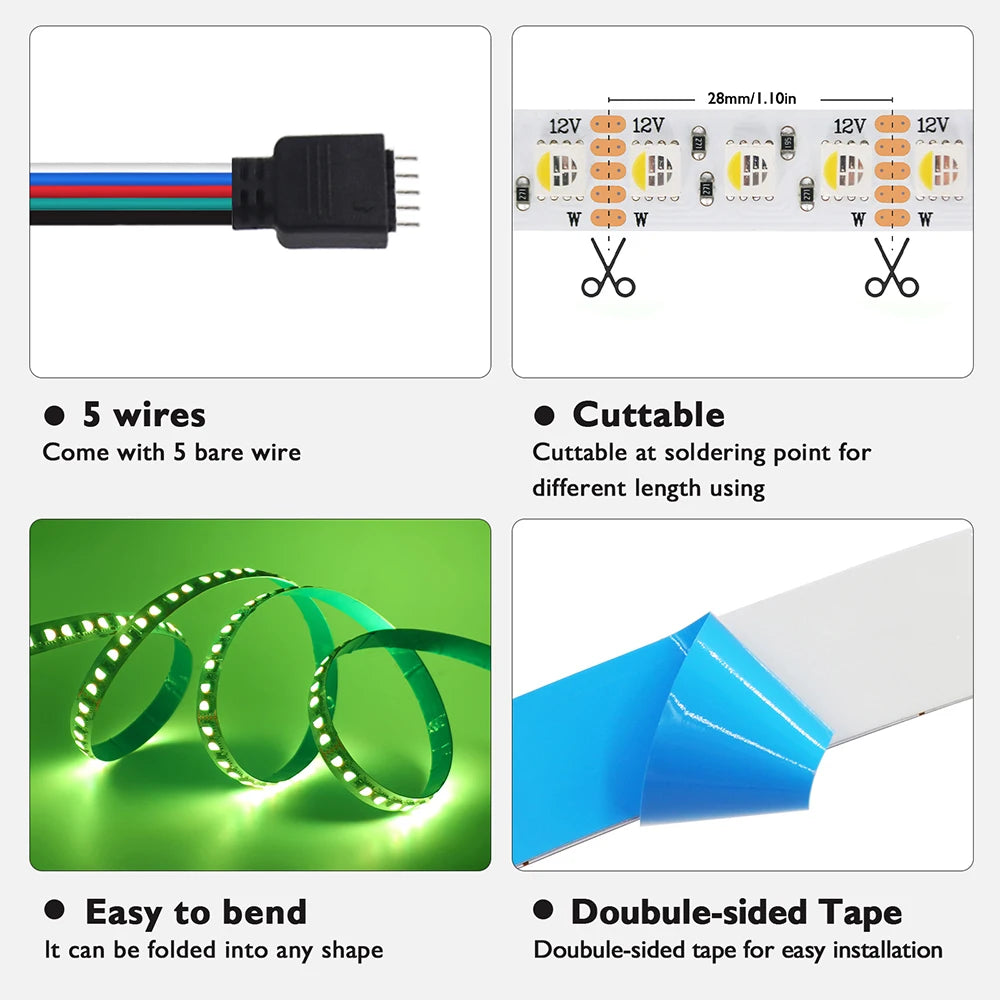 5m RGBW RGBWW Led Strip Light 4 Colors In 1 Chip 12V 24V 5050 120 60 108 LEDs Flexible Tape Ribbon RGB Warm White DC Home Decor