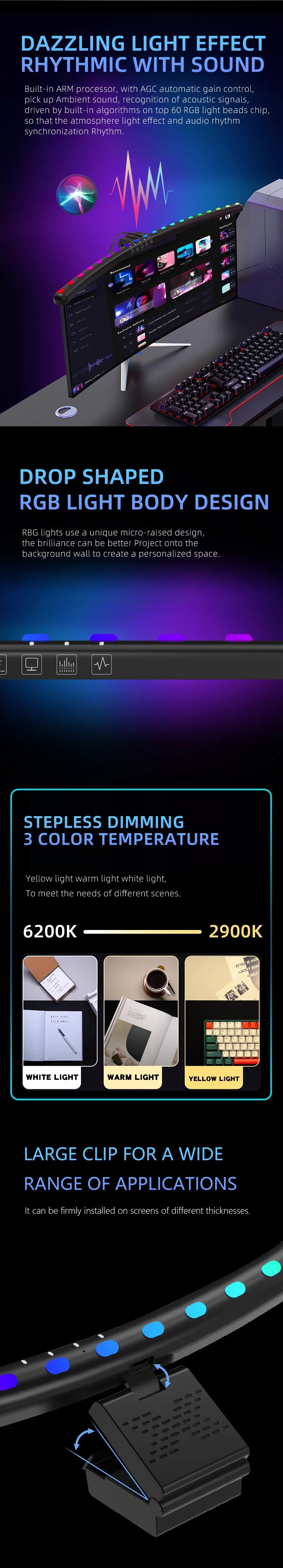 Computer Monitor Light Bar RGB Music Rhythm Screen Hanging Lights Dimming Desk Lamp Reading Gaming Table Lighting