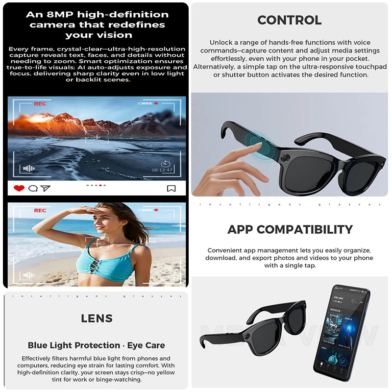 2025 New AI Smart Glasses 8MP HD Camera Sunglasses Photos Video Recorder dual-microphone Anti-blue Smart Waterproof Glasses