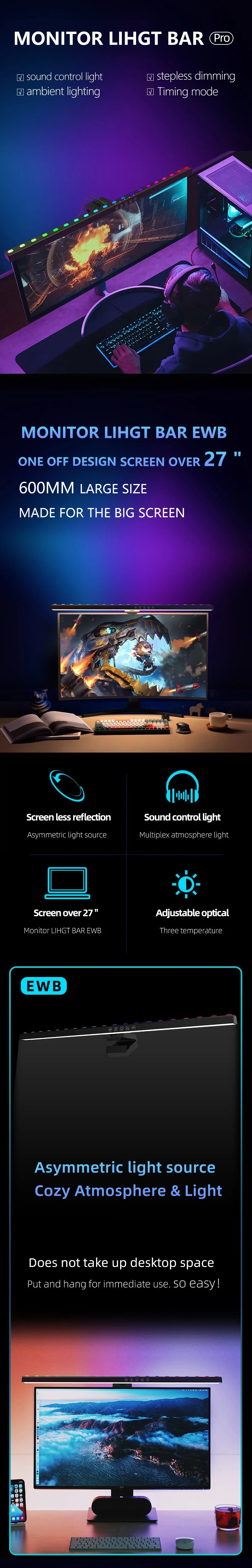 Computer Monitor Light Bar RGB Music Rhythm Screen Hanging Lights Dimming Desk Lamp Reading Gaming Table Lighting