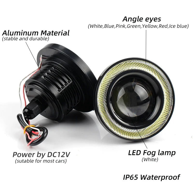 2Pcs 2.5"; 3"; 3.5"; Angel Eyes Fog Lamp 64MM 76MM 89MM 12V Universal Auto Car Projector COB LED Driving Light